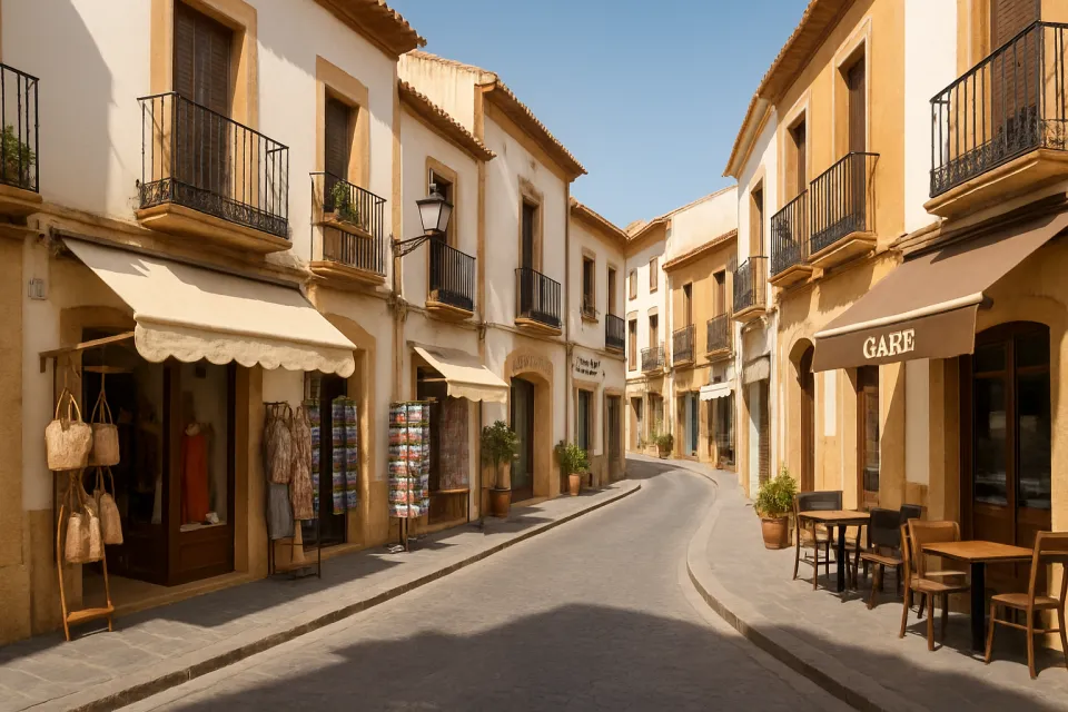Calle comercial de Xàbia con tiendas y negocios locales bajo luz natural mediterránea.