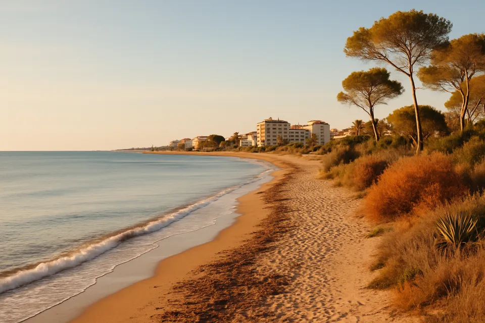 Vista de la playa de Las Marinas en Dénia con arena, agua mediterránea y luz natural de otoño.