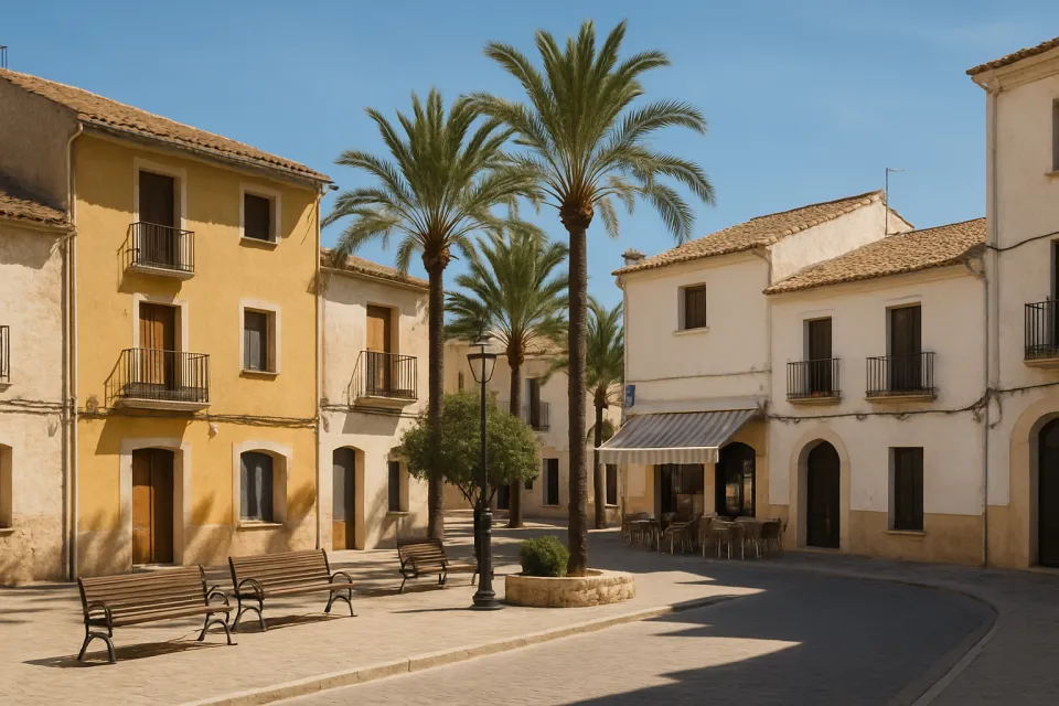 Vista de una calle soleada en un pueblo de la Marina Alta con arquitectura tradicional mediterránea y fachadas de tiendas locales bajo luz natural.