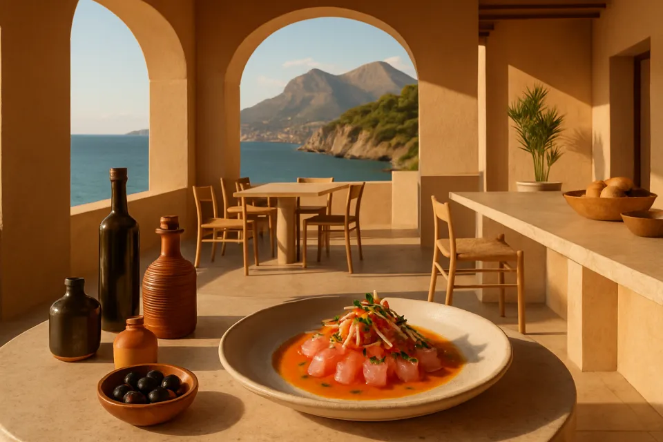 Plato con fusión Nikkei de mariscos frescos y técnica oriental, con vistas al Montgó de fondo en la Marina Alta