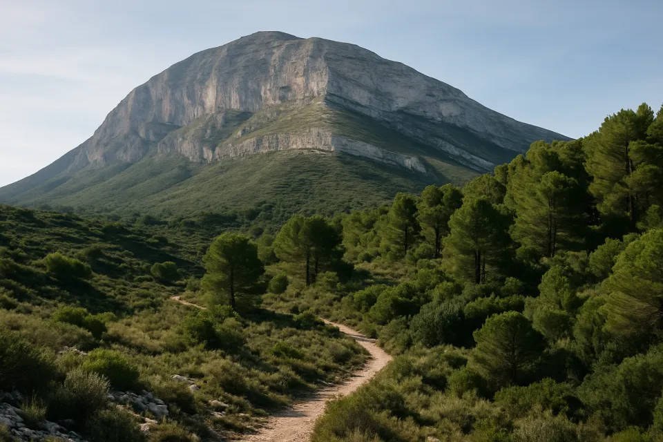 Vistas del Montgó de Dénia con senderos de montaña entre vegetación mediterránea y rocas bajo luz natural diurna.