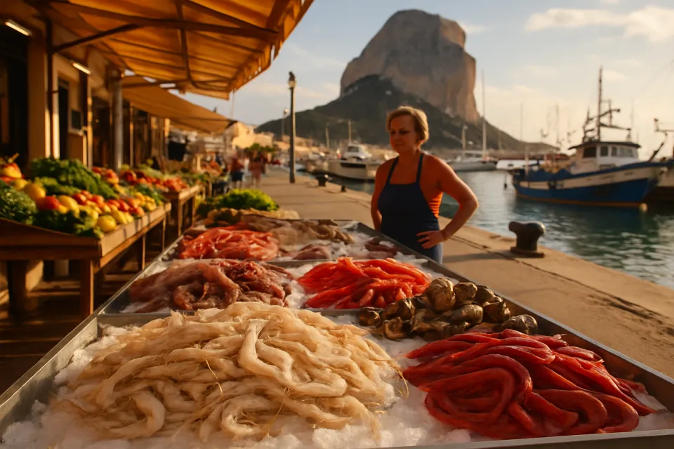 Puesto de mercado con gambas blancas y productos frescos del mar en la costa mediterránea de Calp, bajo luz natural.