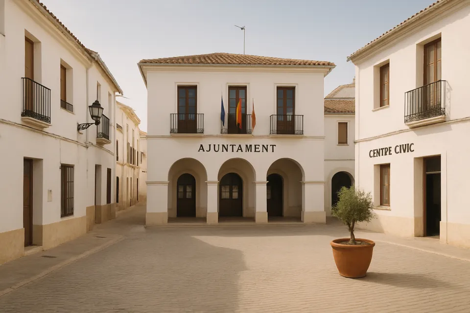 Vista de Ondara, municipio de la Marina Alta en Alicante, con arquitectura mediterránea típica y espacios públicos del pueblo.